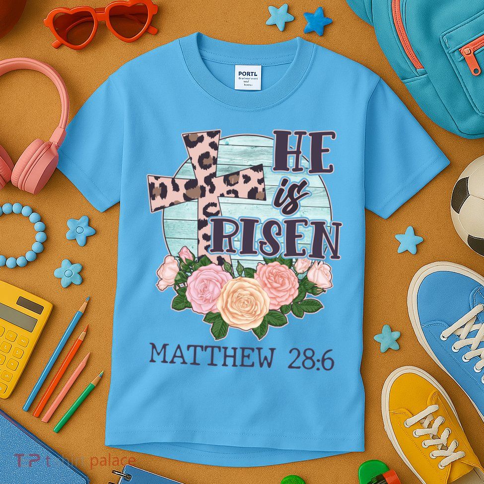 Vintage He is Risen Matthew 28:6 Floral Leopard Print Kids T-Shirt