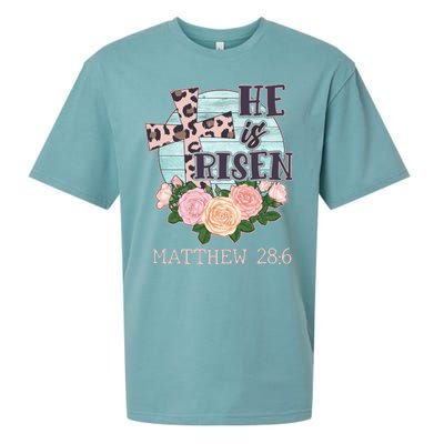 Vintage He is Risen Matthew 28:6 Floral Leopard Print Sueded Cloud Jersey T-Shirt