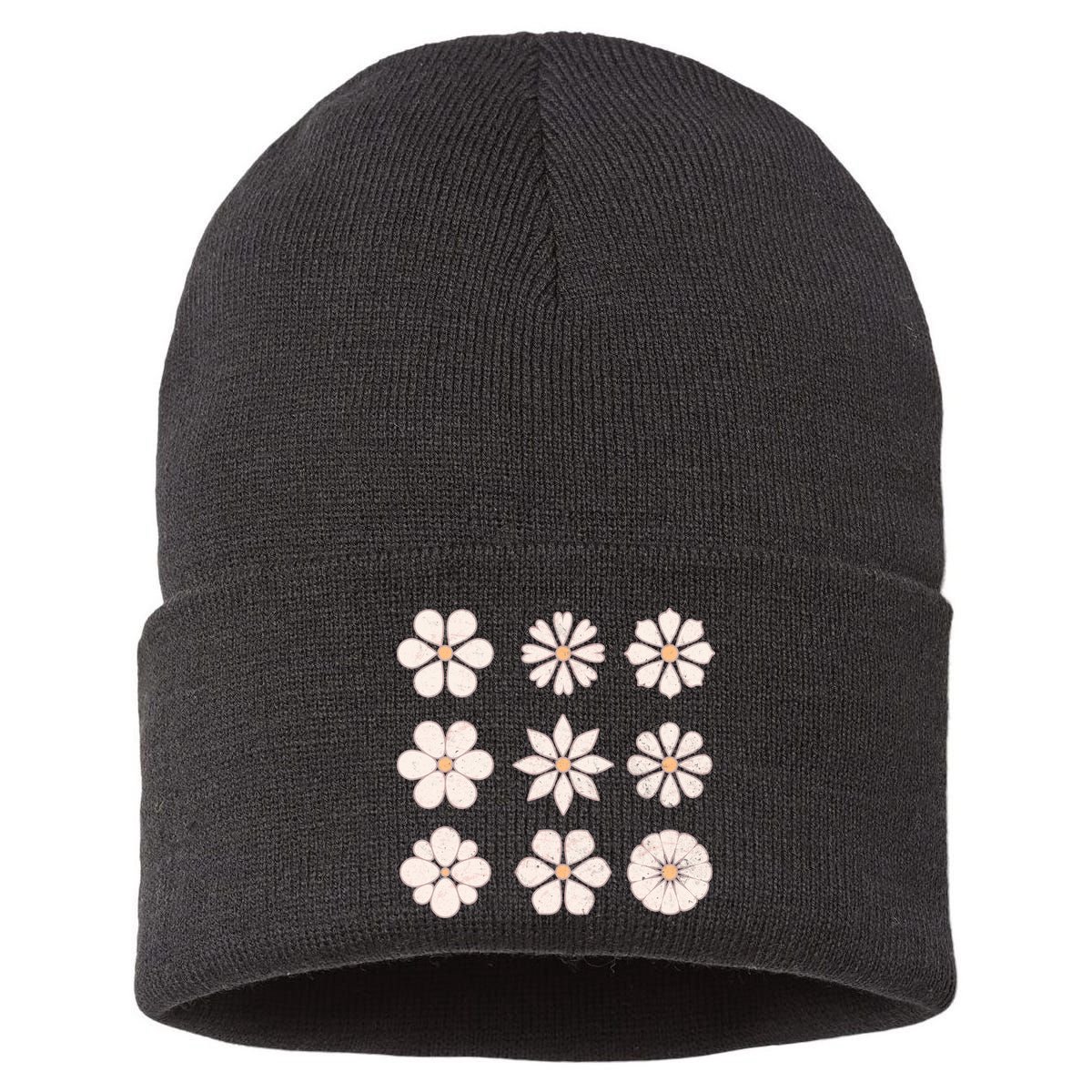 Vintage Hippie Flower Pattern Sustainable Knit Beanie