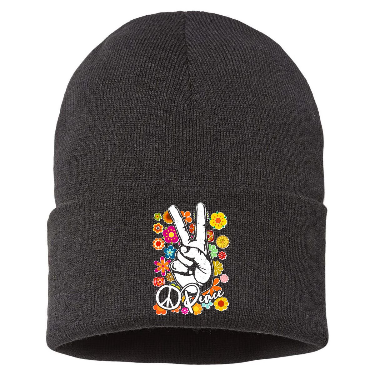 Vintage Hippie Peace Symbols Sustainable Knit Beanie