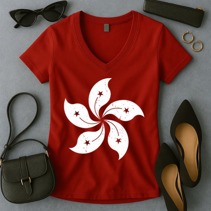 Vintage Hong Kong Flag Women's V-Neck T-Shirt