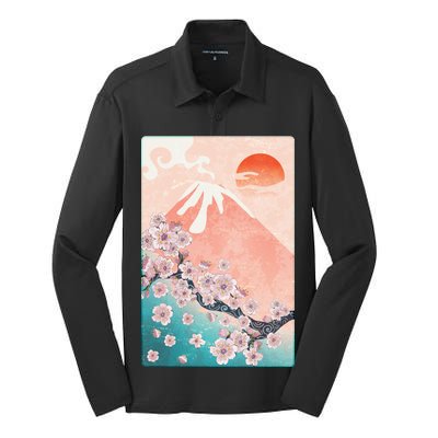 Vintage Japanese Cherry Blossoms with Mount Fuji Silk Touch Performance Long Sleeve Polo