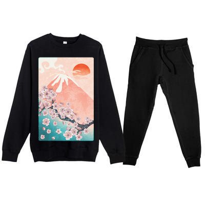 Vintage Japanese Cherry Blossoms with Mount Fuji Premium Crewneck Sweatsuit Set