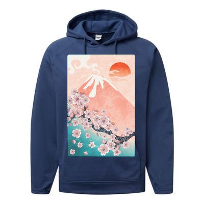 Vintage Japanese Cherry Blossoms with Mount Fuji Performance Fleece Hoodie