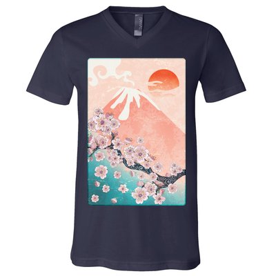 Vintage Japanese Cherry Blossoms with Mount Fuji V-Neck T-Shirt