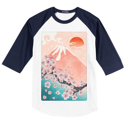 Vintage Japanese Cherry Blossoms with Mount Fuji Baseball Sleeve Shirt