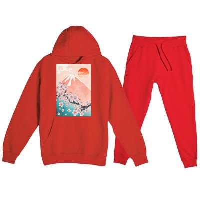 Vintage Japanese Cherry Blossoms with Mount Fuji Premium Hooded Sweatsuit Set