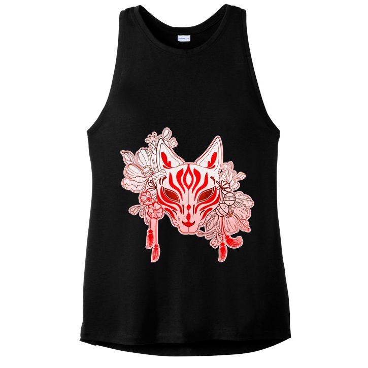 Vintage Japanese Fox Kitsune Mask and Flowers Ladies PosiCharge Tri-Blend Wicking Tank