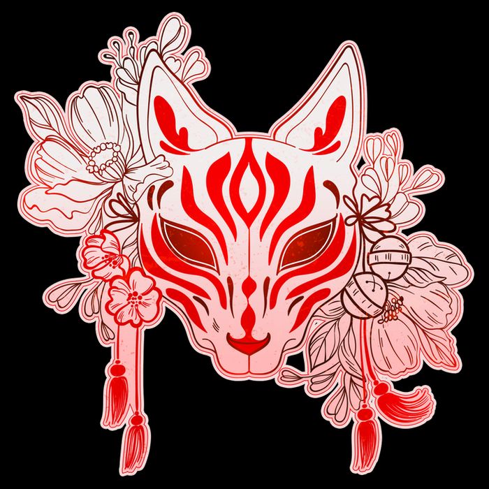 Vintage Japanese Fox Kitsune Mask and Flowers Bucket Hat