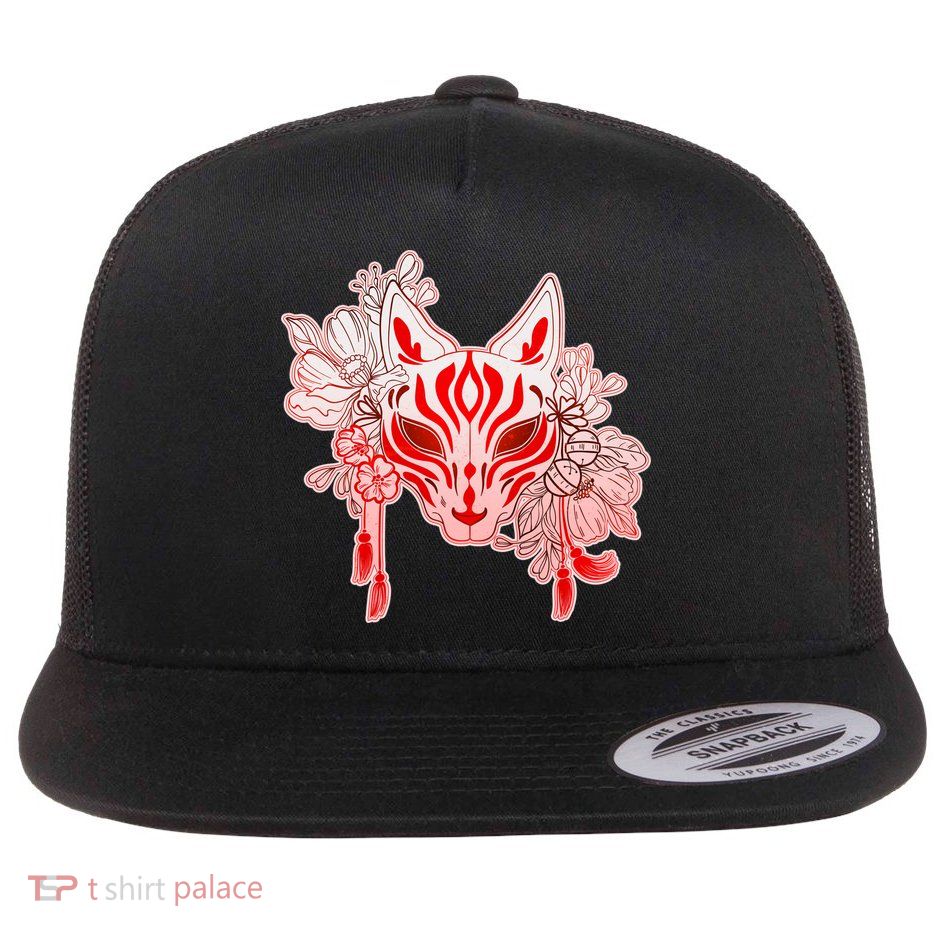 Vintage Japanese Fox Kitsune Mask and Flowers Flatbill Hat