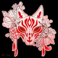 Vintage Japanese Fox Kitsune Mask and Flowers Flatbill Hat