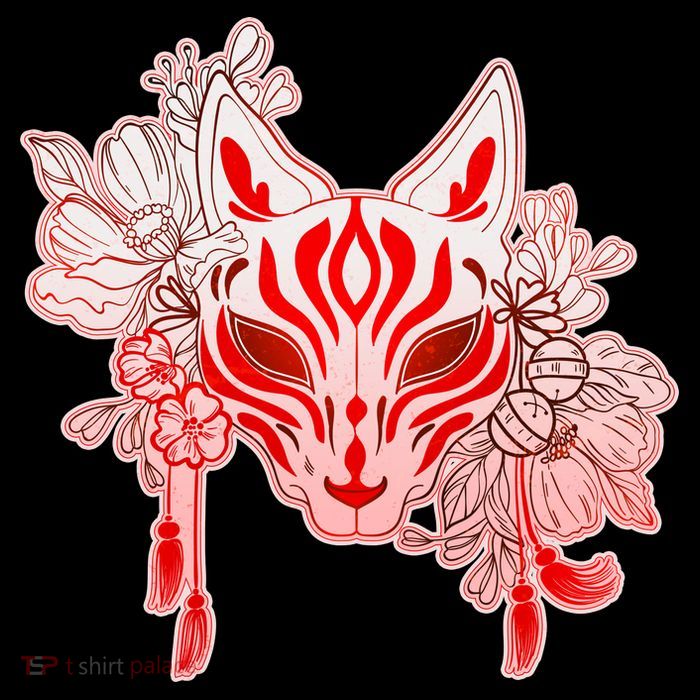 Vintage Japanese Fox Kitsune Mask and Flowers Flatbill Hat
