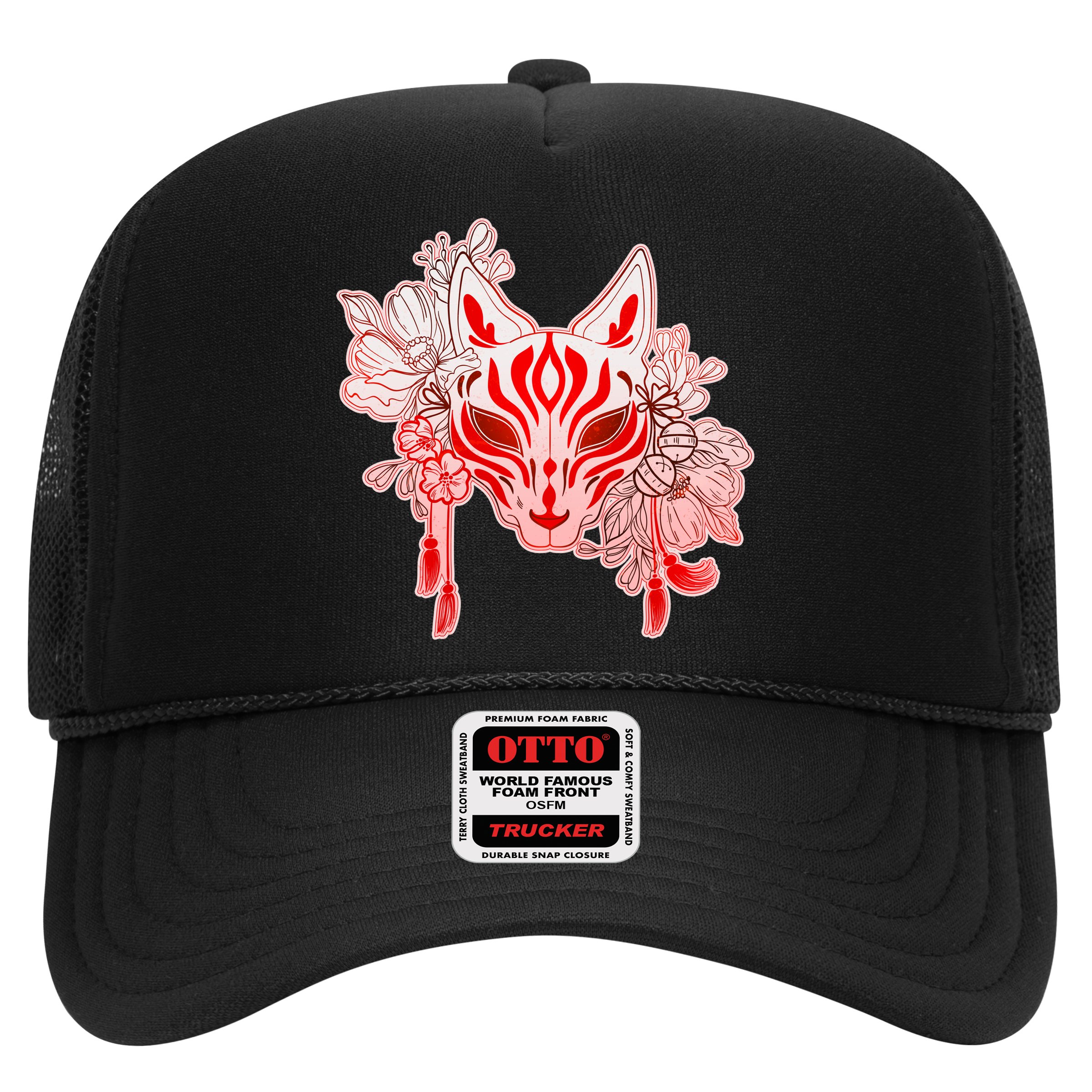 Vintage Japanese Fox Kitsune Mask and Flowers Hat