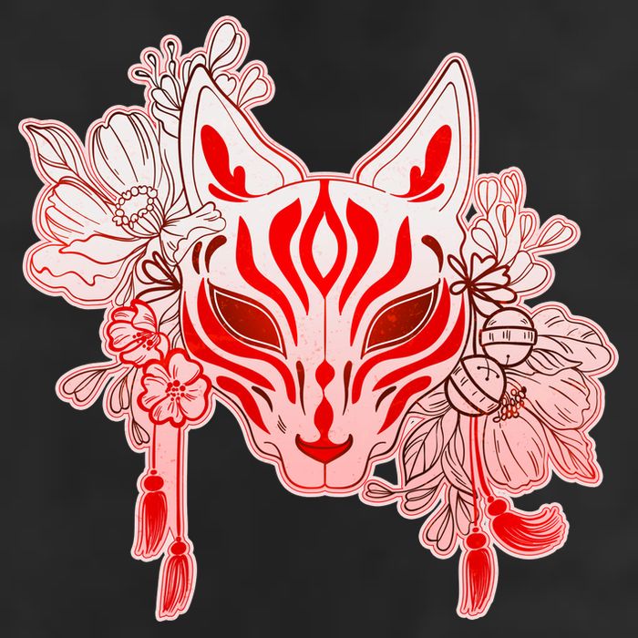 Vintage Japanese Fox Kitsune Mask and Flowers Hat