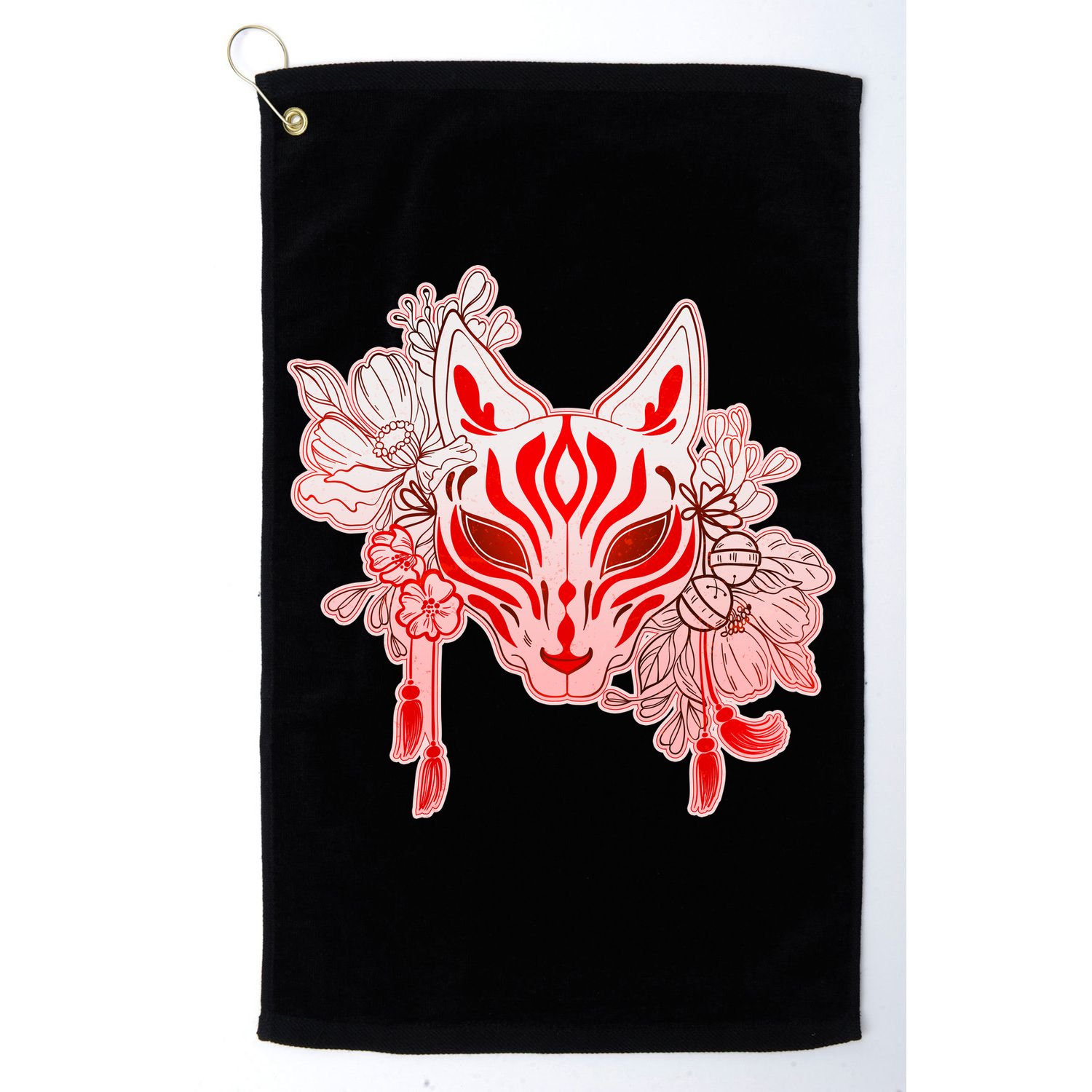 Vintage Japanese Fox Kitsune Mask and Flowers Golf Towel