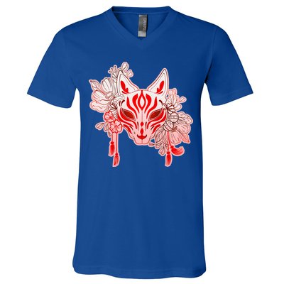 Vintage Japanese Fox Kitsune Mask and Flowers V-Neck T-Shirt
