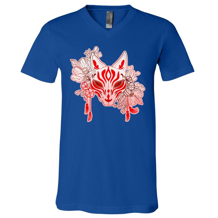 Vintage Japanese Fox Kitsune Mask and Flowers V-Neck T-Shirt