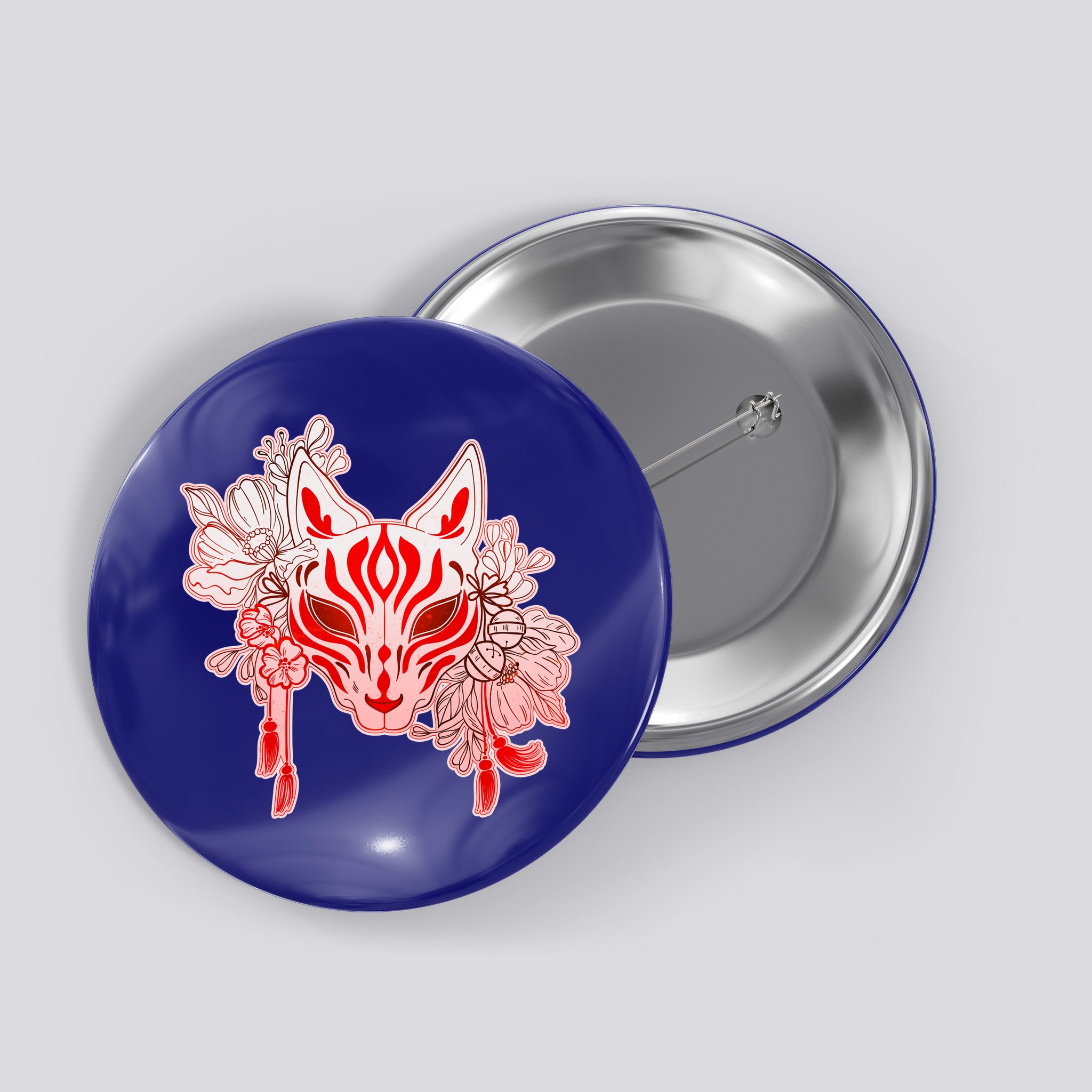 Vintage Japanese Fox Kitsune Mask and Flowers Button