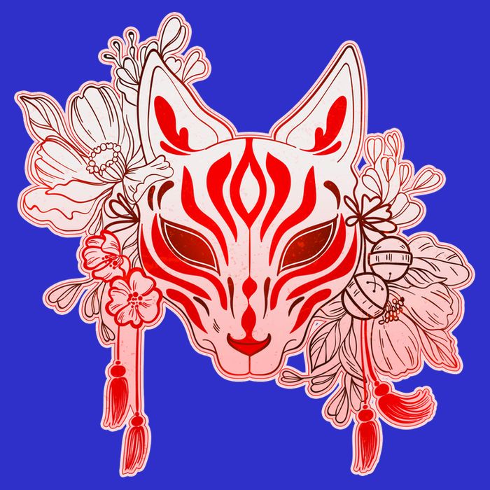 Vintage Japanese Fox Kitsune Mask and Flowers Button