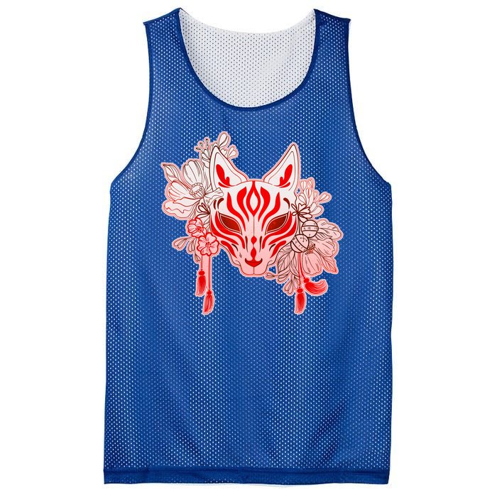 Vintage Japanese Fox Kitsune Mask and Flowers Mesh Reversible Basketball Jersey Tank