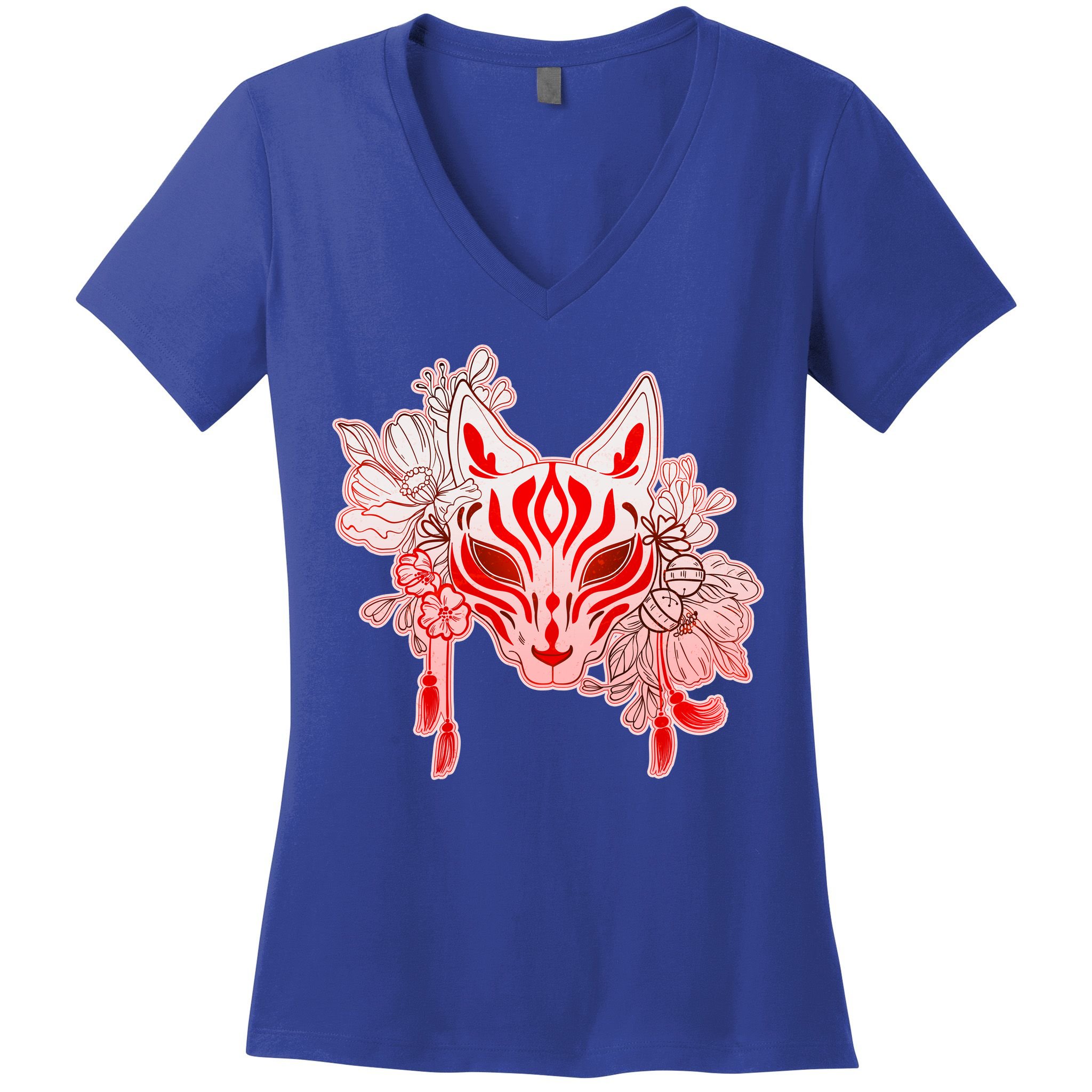 Vintage Japanese Fox Kitsune Mask and Flowers Women's V-Neck T-Shirt
