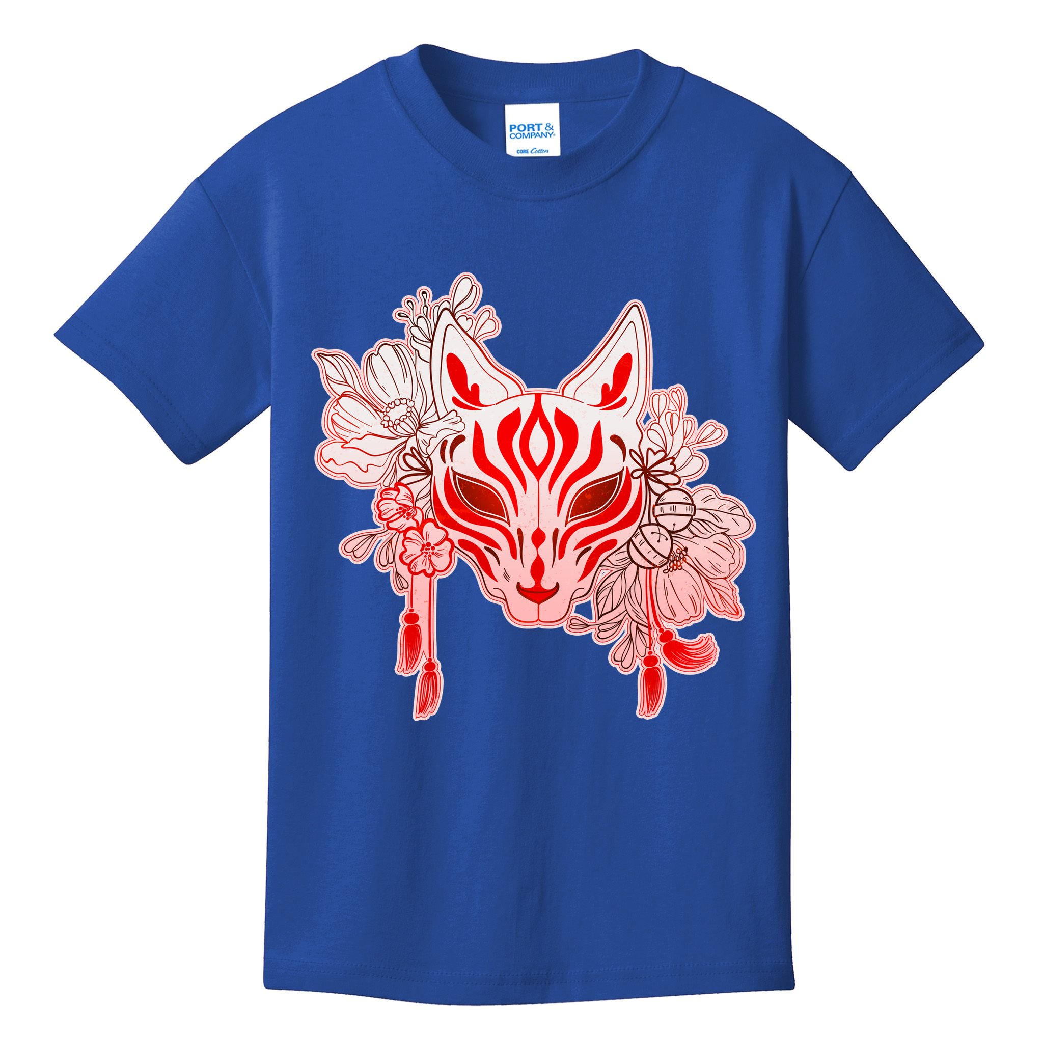 Vintage Japanese Fox Kitsune Mask and Flowers Kids T-Shirt