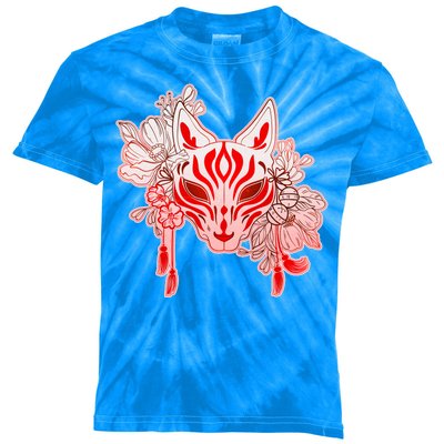 Vintage Japanese Fox Kitsune Mask and Flowers Kids Tie-Dye T-Shirt