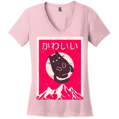 Vintage Japanese Kawaii Cute Cat Women's V-Neck T-Shirt