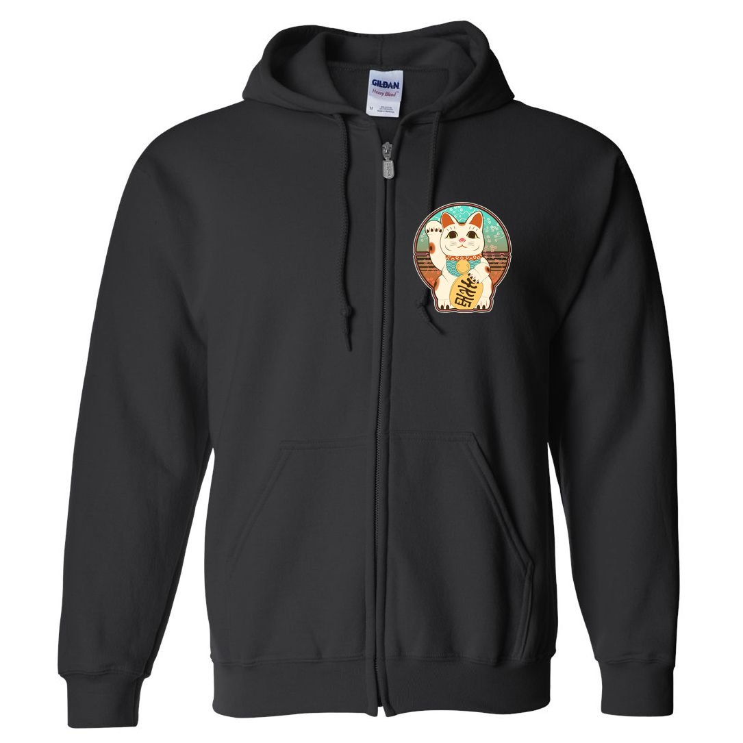 Vintage Japanese Maneki Neko Lucky Cat Full Zip Hoodie