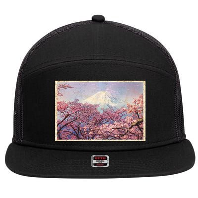Vintage Japanese Mt. Fuji & Cherry Blossoms 7 Panel Mesh Trucker Snapback Hat