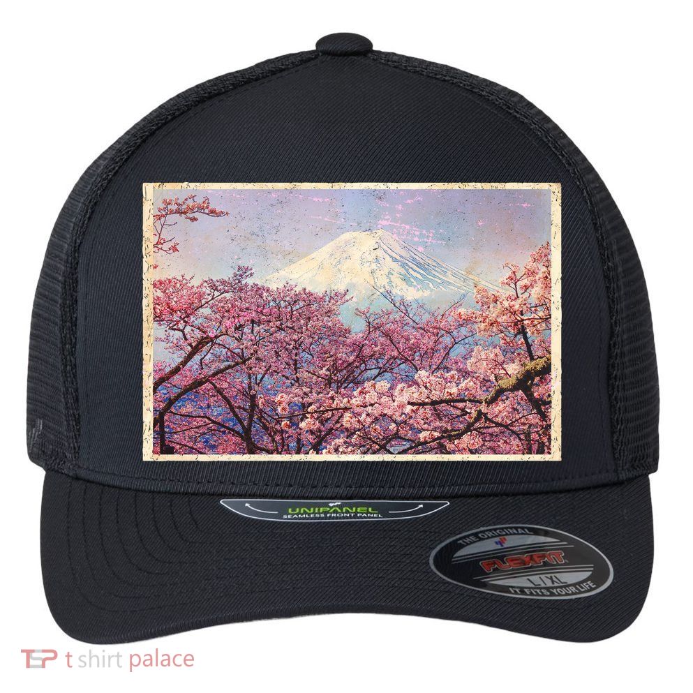 Vintage Japanese Mt. Fuji & Cherry Blossoms Flexfit Unipanel Trucker Cap