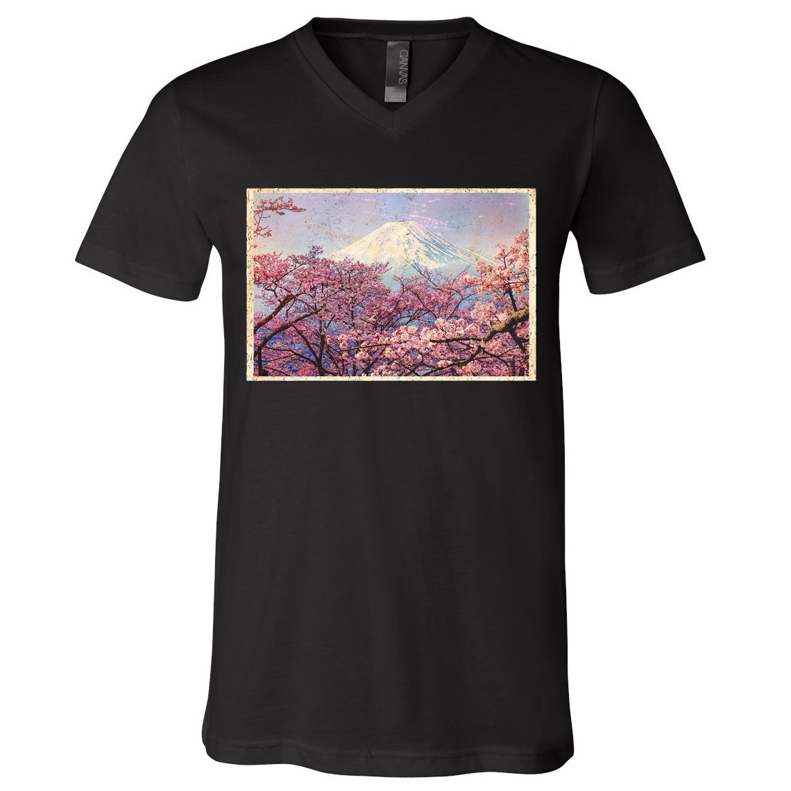 Vintage Japanese Mt. Fuji & Cherry Blossoms V-Neck T-Shirt