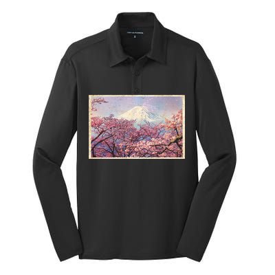 Vintage Japanese Mt. Fuji & Cherry Blossoms Silk Touch Performance Long Sleeve Polo