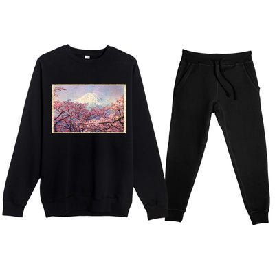 Vintage Japanese Mt. Fuji & Cherry Blossoms Premium Crewneck Sweatsuit Set