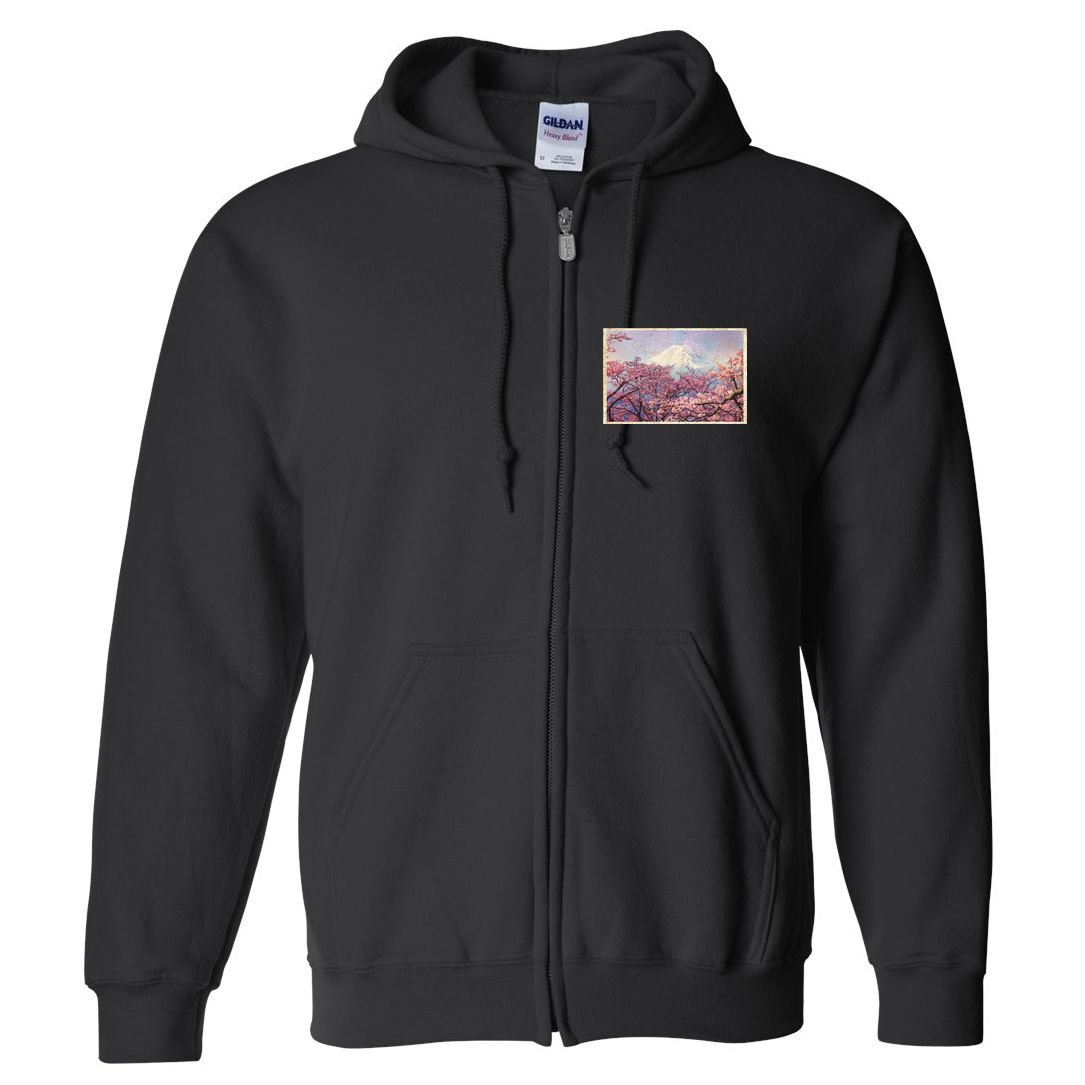 Vintage Japanese Mt. Fuji & Cherry Blossoms Full Zip Hoodie