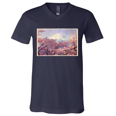 Vintage Japanese Mt. Fuji & Cherry Blossoms V-Neck T-Shirt