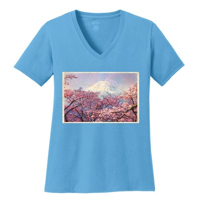 Vintage Japanese Mt. Fuji & Cherry Blossoms Women's V-Neck T-Shirt