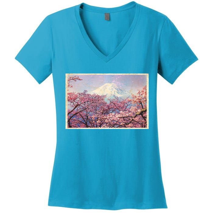 Vintage Japanese Mt. Fuji & Cherry Blossoms Women's V-Neck T-Shirt