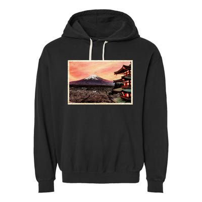 Vintage Japanese Mt. Fuji Pagoda and Cherry Blossoms Garment-Dyed Fleece Hoodie