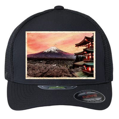Vintage Japanese Mt. Fuji Pagoda and Cherry Blossoms Flexfit Unipanel Trucker Cap