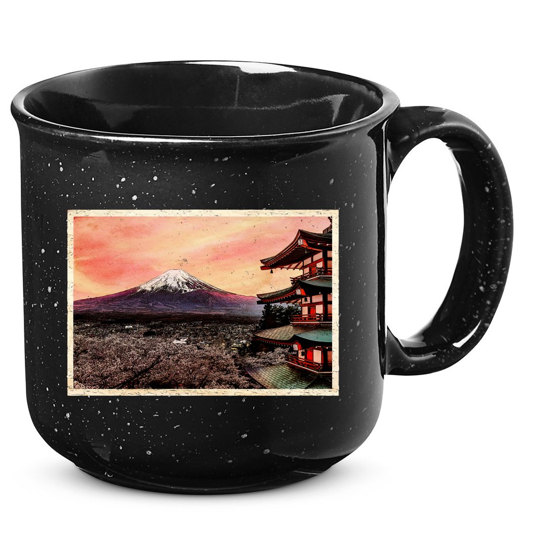 Vintage Japanese Mt. Fuji Pagoda and Cherry Blossoms 15oz Campfire Ceramic Mug