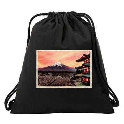 Vintage Japanese Mt. Fuji Pagoda and Cherry Blossoms Drawstring Bag