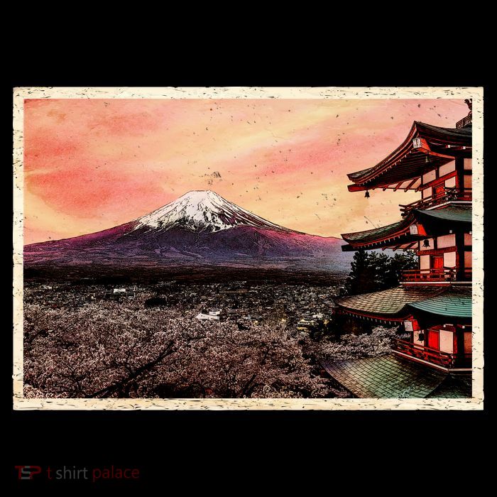 Vintage Japanese Mt. Fuji Pagoda and Cherry Blossoms Flatbill Hat