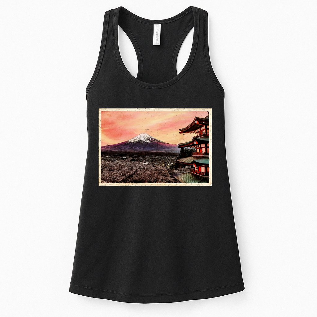 Vintage Japanese Mt. Fuji Pagoda and Cherry Blossoms Womens Tank Top