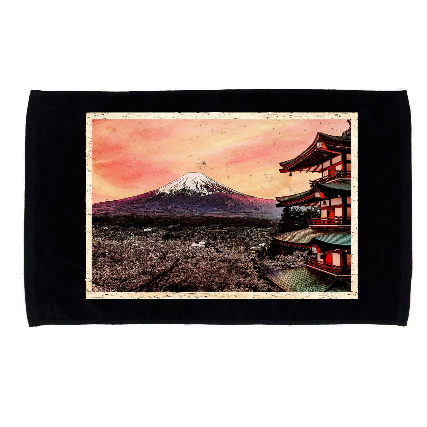 Vintage Japanese Mt. Fuji Pagoda and Cherry Blossoms Microfiber Hand Towel