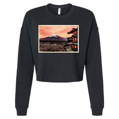 Vintage Japanese Mt. Fuji Pagoda and Cherry Blossoms Cropped Pullover Crew