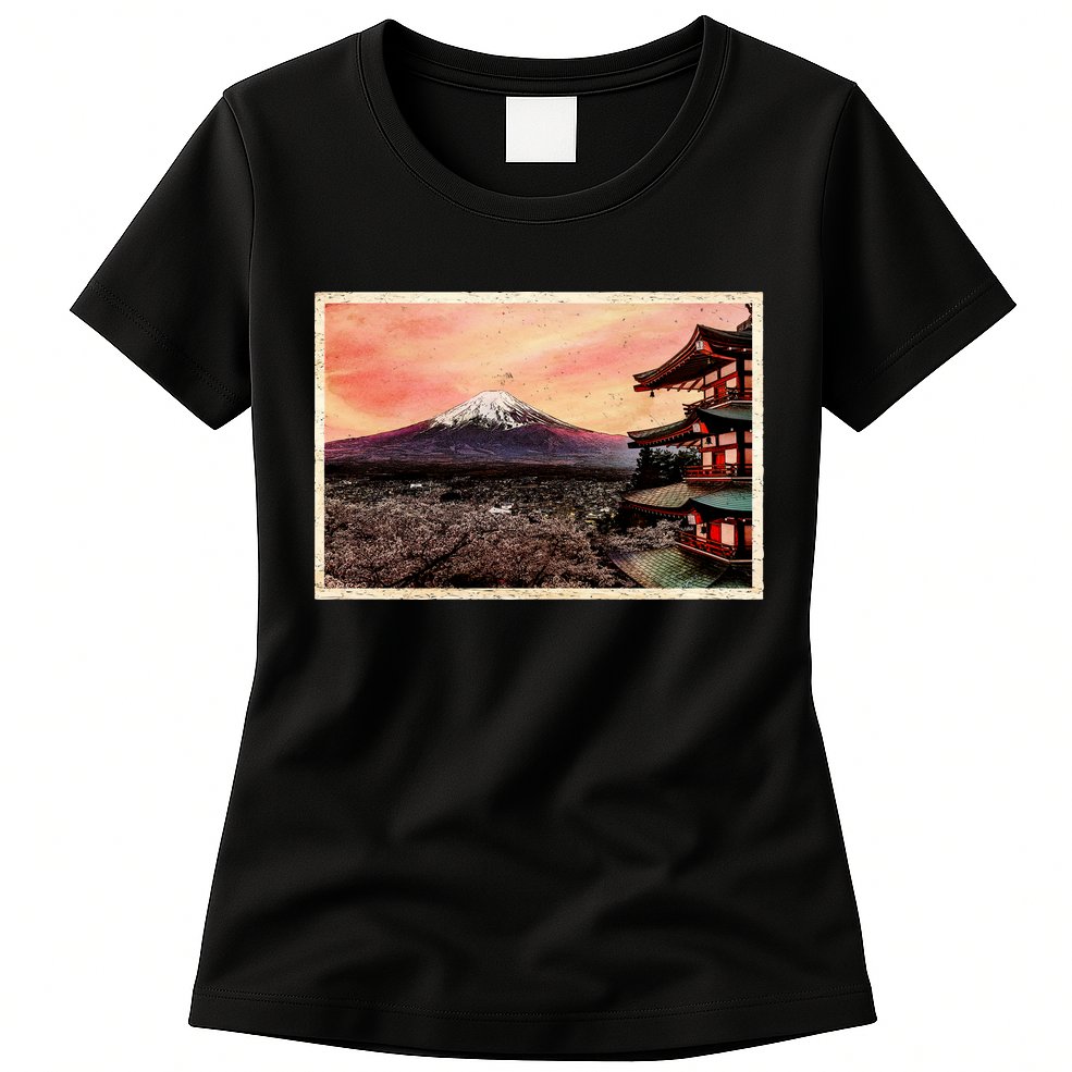 Vintage Japanese Mt. Fuji Pagoda and Cherry Blossoms Womens T-Shirt