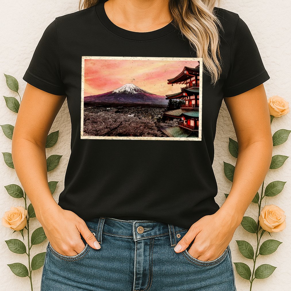 Vintage Japanese Mt. Fuji Pagoda and Cherry Blossoms Womens T-Shirt