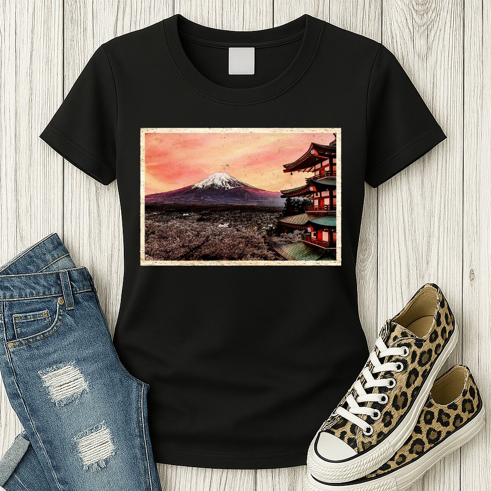 Vintage Japanese Mt. Fuji Pagoda and Cherry Blossoms Womens T-Shirt