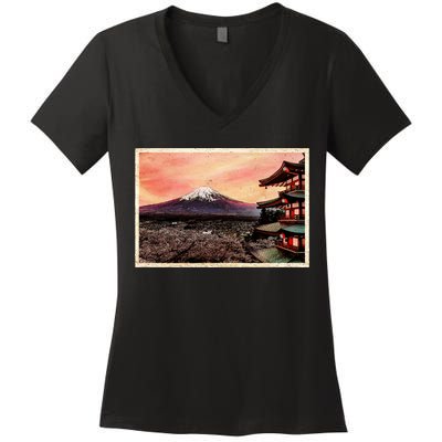 Vintage Japanese Mt. Fuji Pagoda and Cherry Blossoms Women's V-Neck T-Shirt